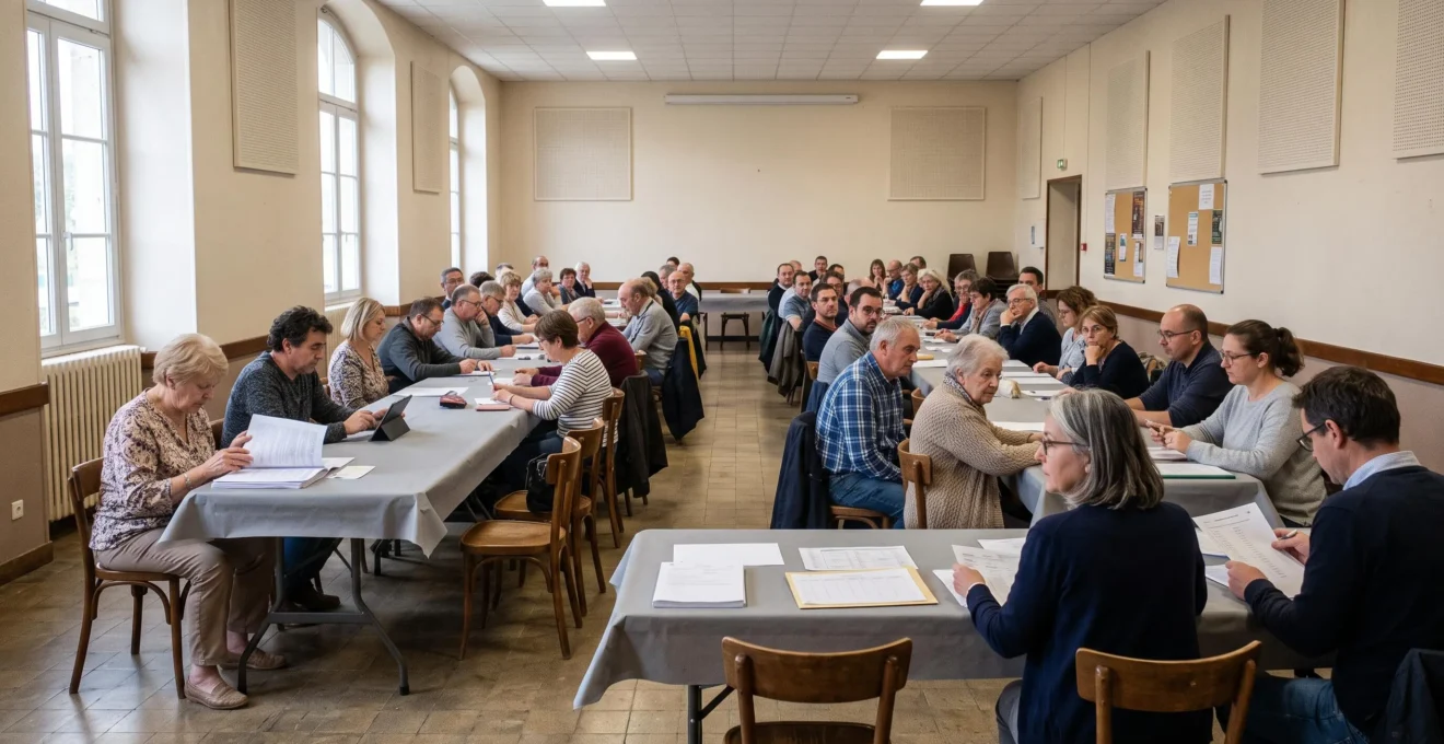 Des copropriétaires de différents âges assistent à une assemblée générale dans une salle commune d'immeuble résidentiel.