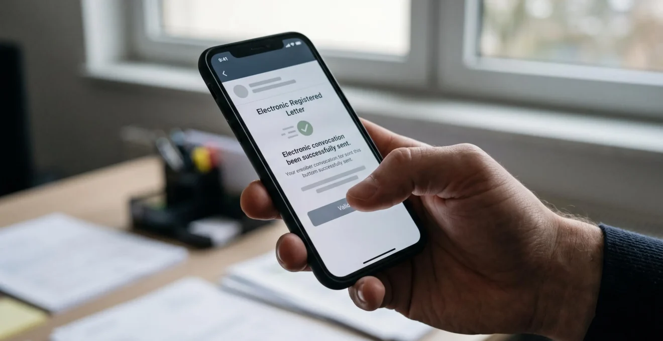Une main tient un smartphone affichant une confirmation d'envoi de recommandé électronique dans un bureau.