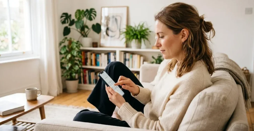 Une personne reçoit une notification de recommandé électronique sur son smartphone et saisit un code OTP pour accéder au document