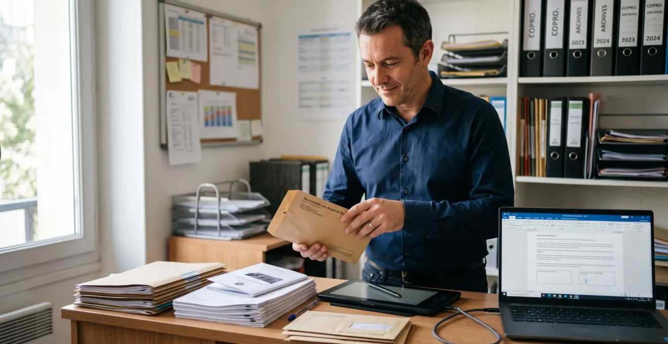 Un professionnel de la gestion de copropriété prépare des convocations d'assemblée générale à son bureau, avec une enveloppe recommandée et une tablette de signature électronique.