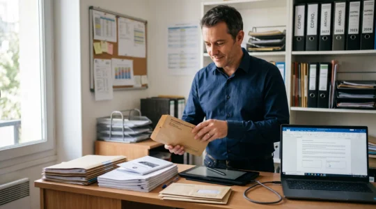 Un professionnel de la gestion de copropriété prépare des convocations d'assemblée générale à son bureau, avec une enveloppe recommandée et une tablette de signature électronique.